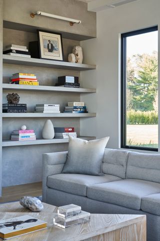 Book shelves in grey living room