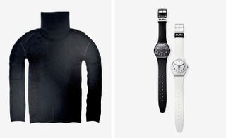 Two images- Left-Black coat, Right- Black and a white watch