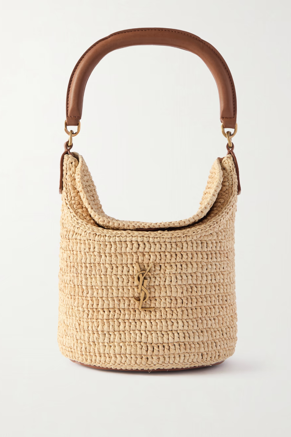 SAINT LAURENT Gaby Leather-trimmed Raffia Bucket Bag
