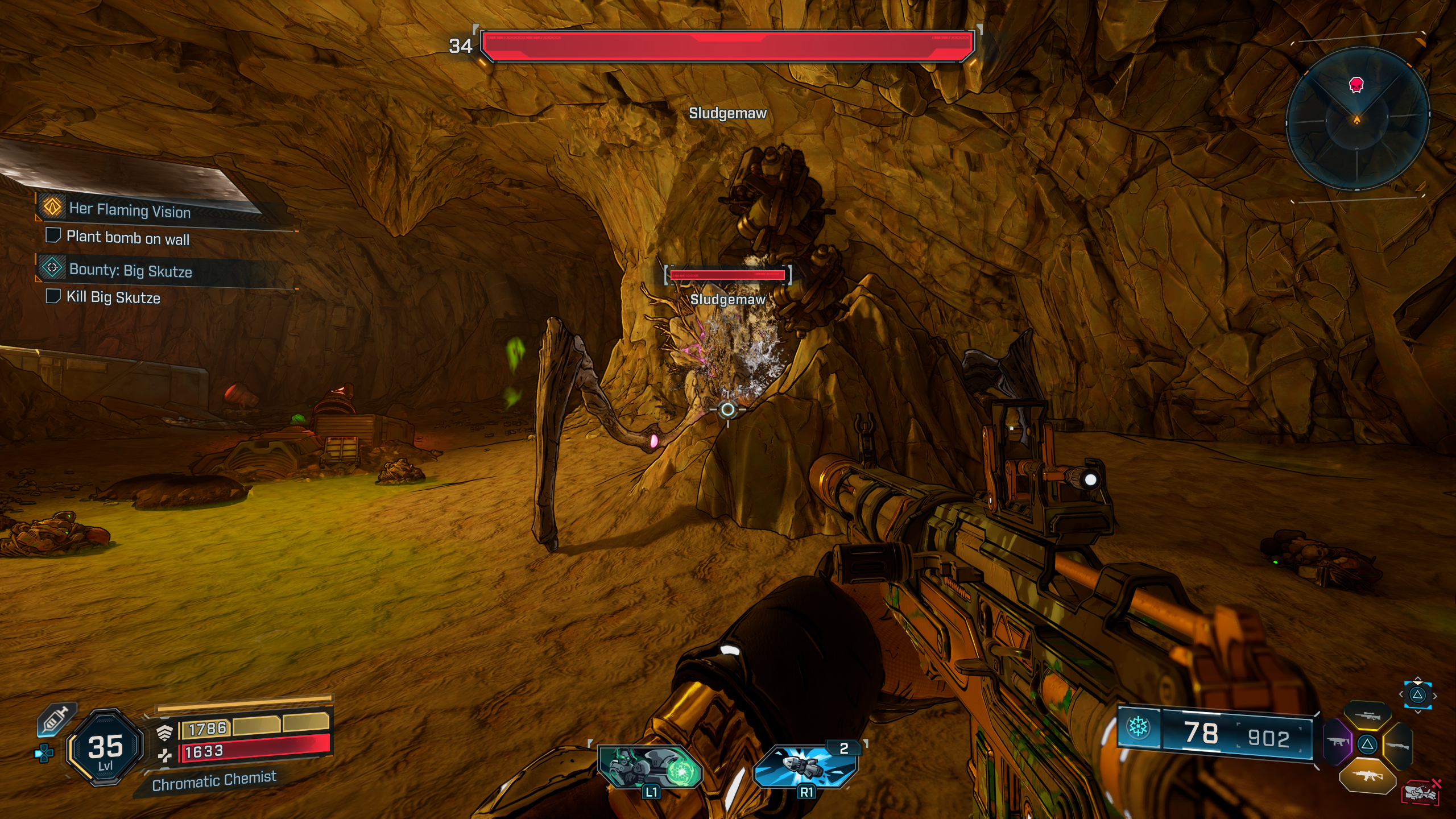  The Sludgemaw boss thresher facing off with a player inside a cave.