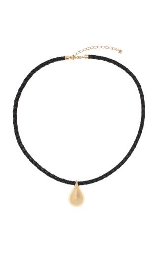 Water Droplet 14k Yellow Gold Leather Necklace