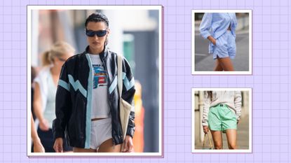 Boxer outfits: Bella Hadid pictured wearing white boxer shorts, alongside two other images of people wearing blue and green striped boxers/ in a purple template