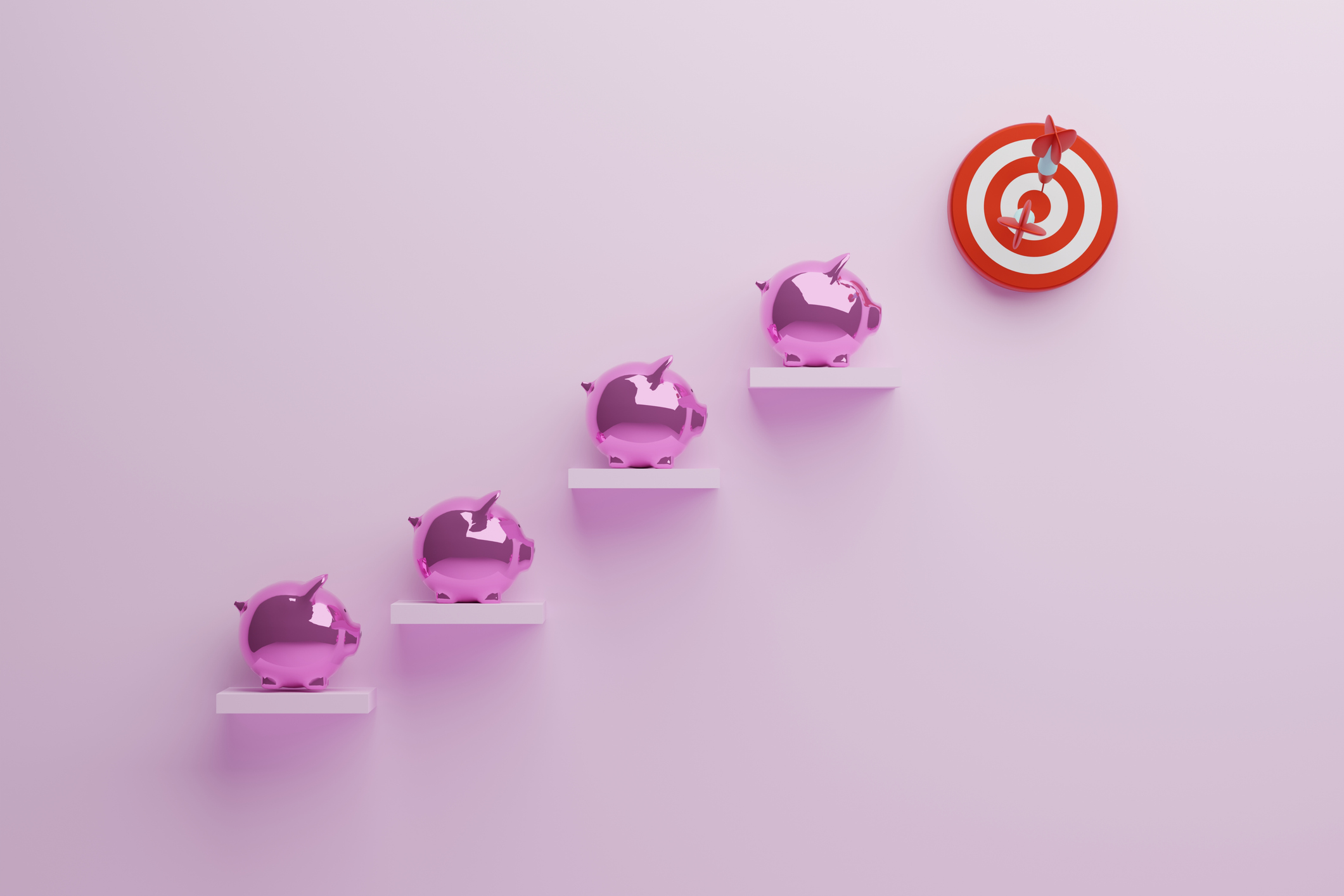 Four hot pink metallic piggy banks on their own separate steps leading up to a bullseye.