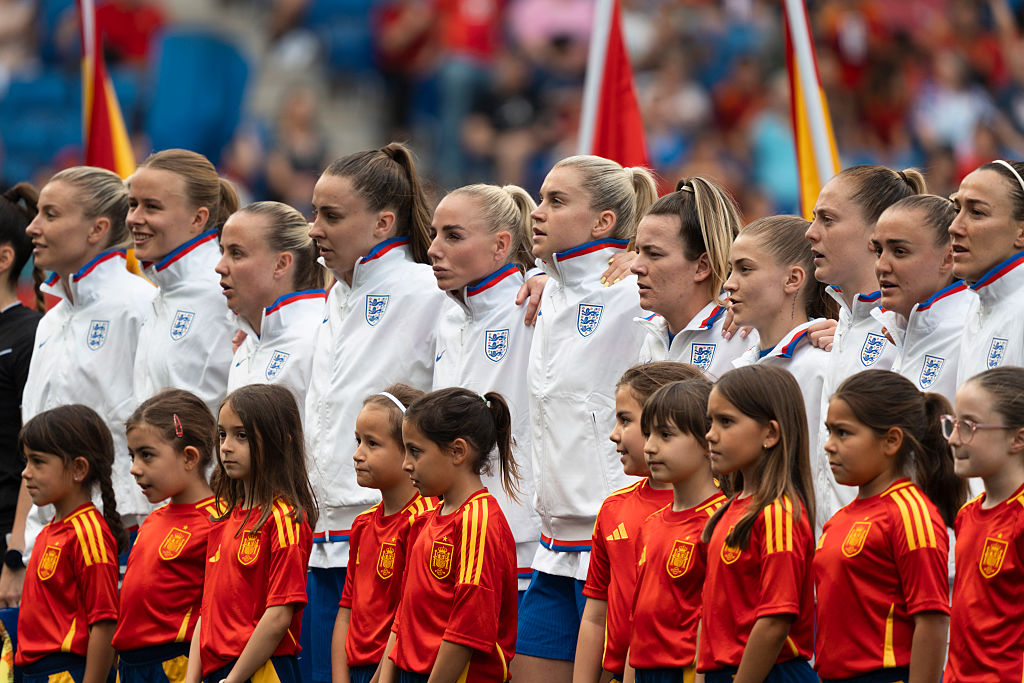 The England National Team listens to the hymns during the UEFA Women&#039;s Nations League 2024/25 Group A3 match between Spain and England at RCDE Stadium in Barcelona, Spain, on June 3, 2025.