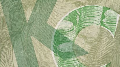 Photo collage of an extreme close-up of a 100 dollar banknote, overlaid with large letters K and C