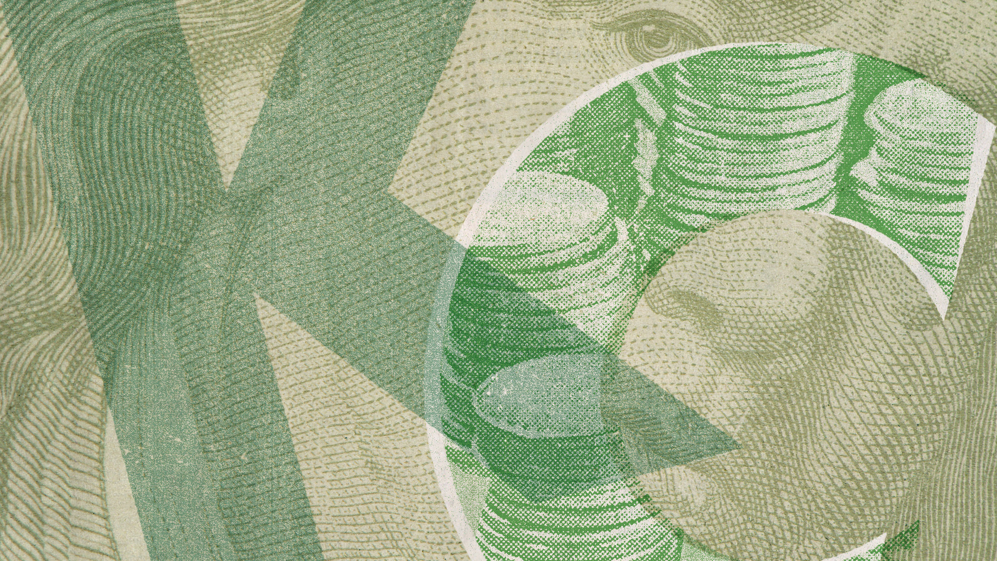 Photo collage of an extreme close-up of a 100 dollar banknote, overlaid with large letters K and C
