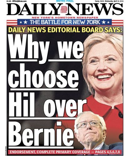 Hillary Clinton on the New York Daily News cover.