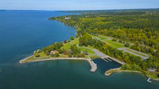 Aerial of long point state park on Cayuga Lake