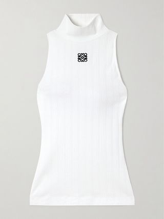 Anagram Embroidered Ribbed Stretch-Cotton Turtleneck Tank