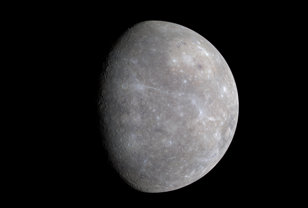 Color differences on Mercury are subtle, but they reveal important information about the nature of the planet&#039;s surface material. A number of bright spots with a bluish tinge are visible in this image taken by Messenger on Jan. 14, 2008, which is a mosaic