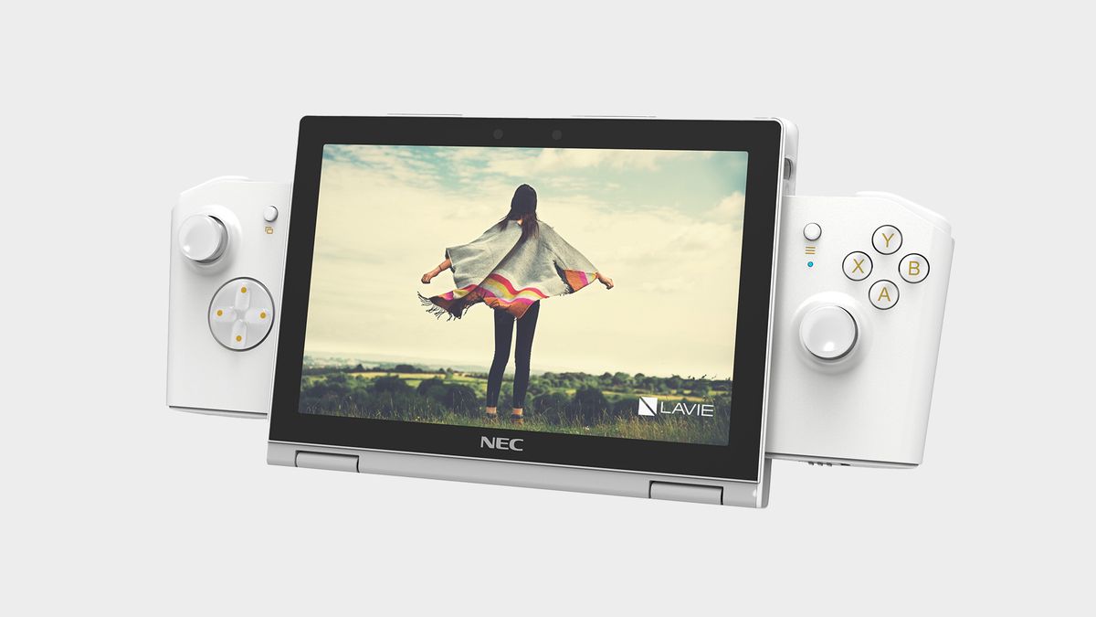 The Lavie Mini handheld gaming PC from the front with controllers either side of screen