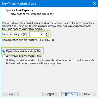 Set Maximum disk size and store virtual disk as one file