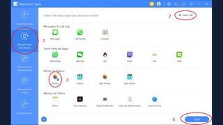 screenshot annotated with numbered steps explaining how to restore photos via iMyFone D-Back