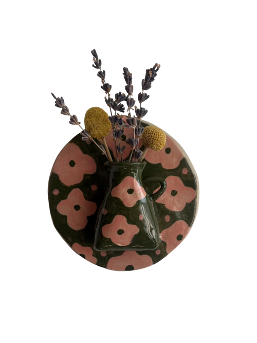 Green & Pink Floral Ceramic Wall Vase