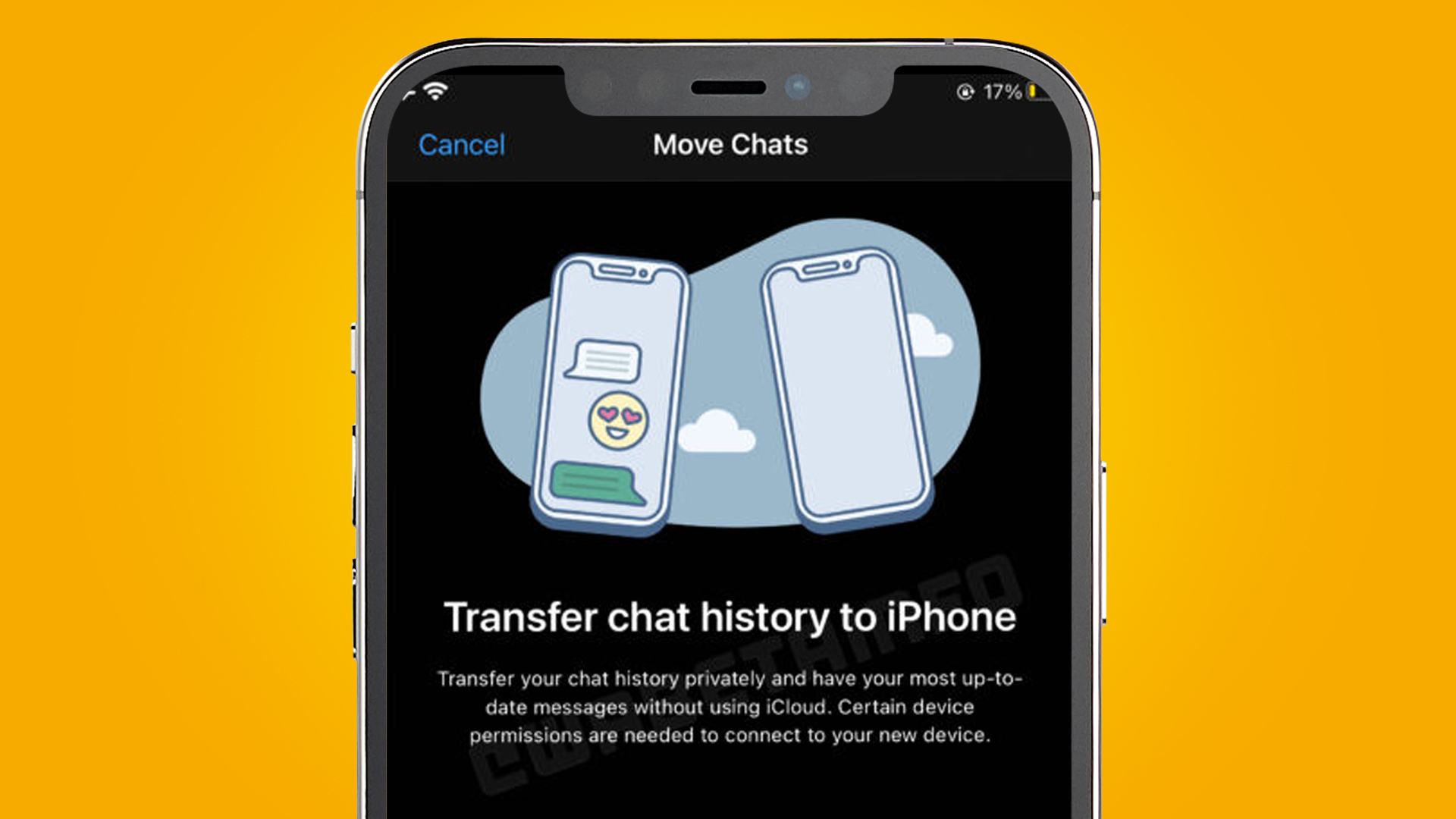 صفحه نمایش آیفون در پس زمینه زرد که ویژگی جدید WhatsApp را نشان می دهد