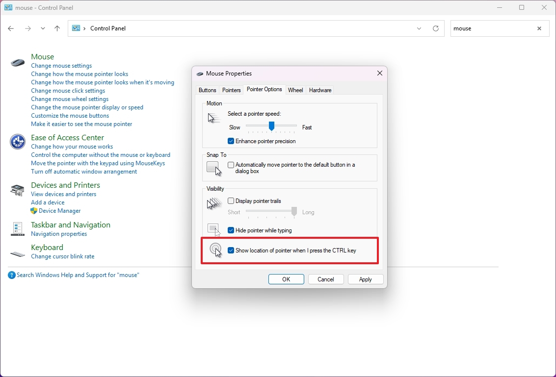 Show location of pointer when I press the CTRL key