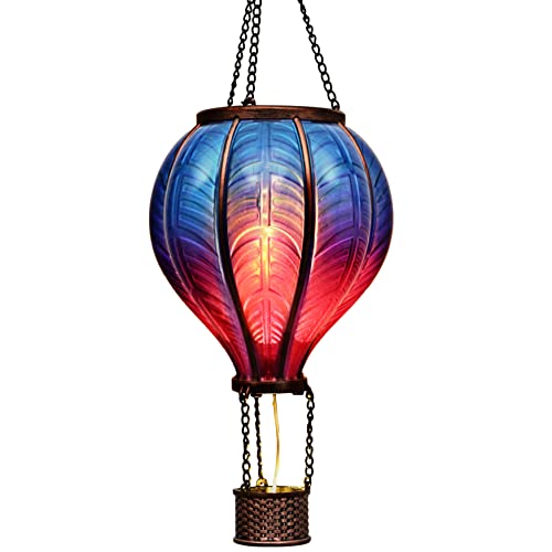 Teresa's Collections Hot Air Balloon Solar Lantern for Garden Decor, Flickering Flame Hanging Solar Light for Outdoor Decorations, Blue &amp;amp; Purple Plastic Lamp for Yard Tree Porch Party, Gift for Mom