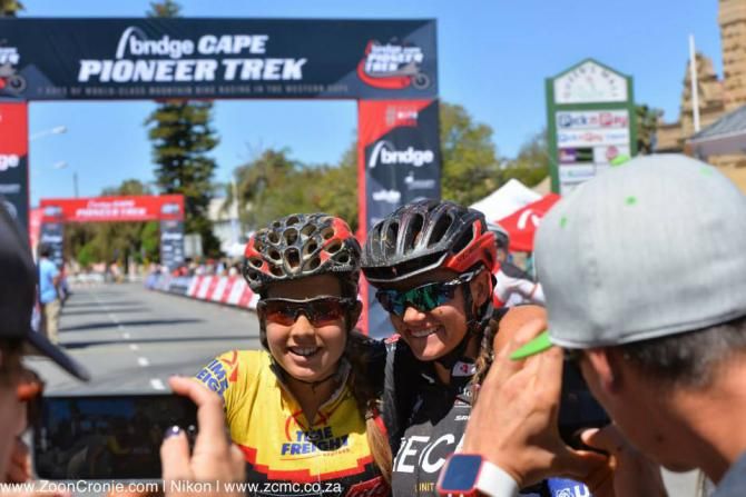 Candice Neethling (left) and Cherise Stander are all smiles after winning the final stage in the women's category