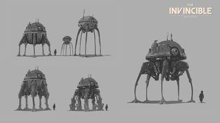 Making The Invincible; concept art for a spider-like 1950s robot tank