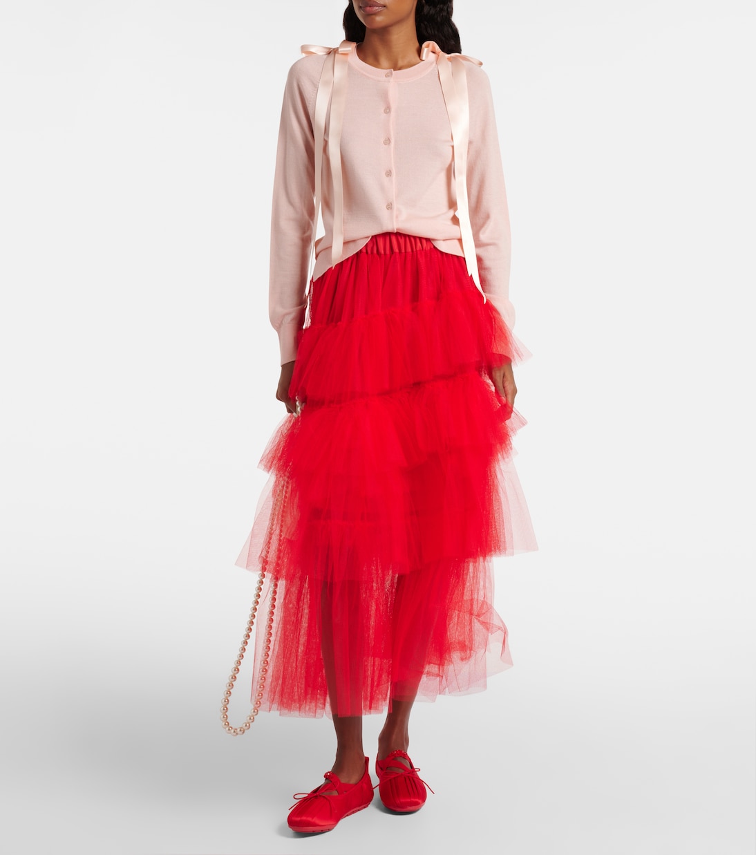 Tiered Tulle Midi Skirt in Red - Simone Rocha