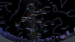 An illustration of the night sky on Feb. 2 showing the moon crossing the Winter Heptagon.
