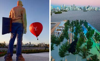 LV monogram hot air balloon, and view of Miami, marking Virgil Abloh Louis Vuitton tribute show in Miami