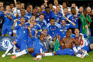 Chelsea celebrate with the trophy after winning the 2012 Champions League final against Bayern Munich