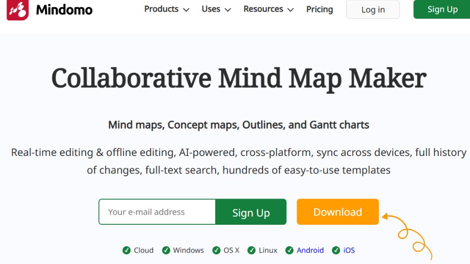Website screenshot of Mindomo (July, 2025)