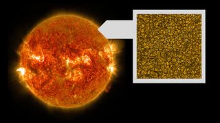 An image of the sun next to a close-up of snake-like structures in our star's magnetic field