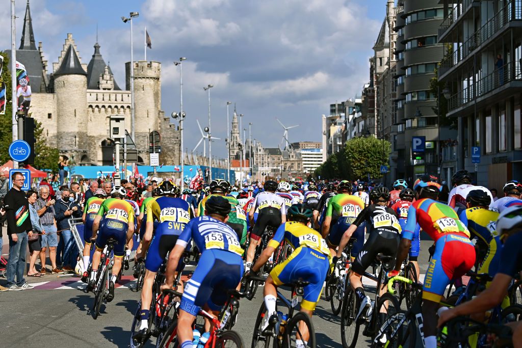 LEUVEN BELGIUM SEPTEMBER 24 A general view of the Peloton passing through Antwerp City prior to the 94th UCI Road World Championships 2021 Men U23 Road Race a 1609km race from Antwerp to Leuven flanders2021 on September 24 2021 in Leuven Belgium Photo by Dirk Waem PoolGetty Images