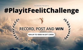 Text reads "Thomann presents #PlayitFeelitChallenge: Record, post and win up to €1000 in gift cards"