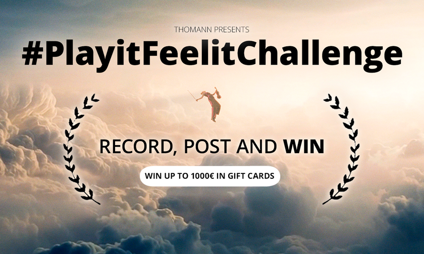 Text reads &quot;Thomann presents #PlayitFeelitChallenge: Record, post and win up to €1000 in gift cards&quot;