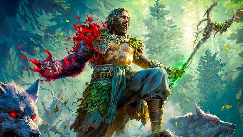 Promotional key art of the Path of Exile 2 druid class. A man accompanied by wolves steps onto a rock in a forest. His body is covered in armor made of leaves and leather and his right arm has transformed into that of a bear.