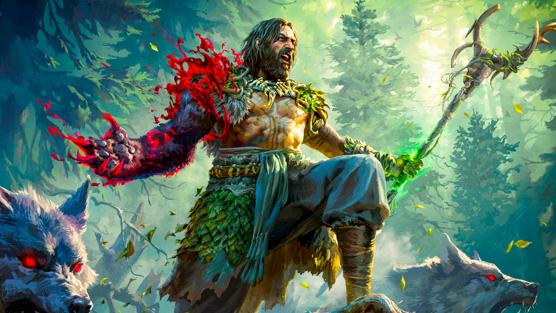 Promotional key art of the Path of Exile 2 druid class. A man accompanied by wolves steps onto a rock in a forest. His body is covered in armor made of leaves and leather and his right arm has transformed into that of a bear.