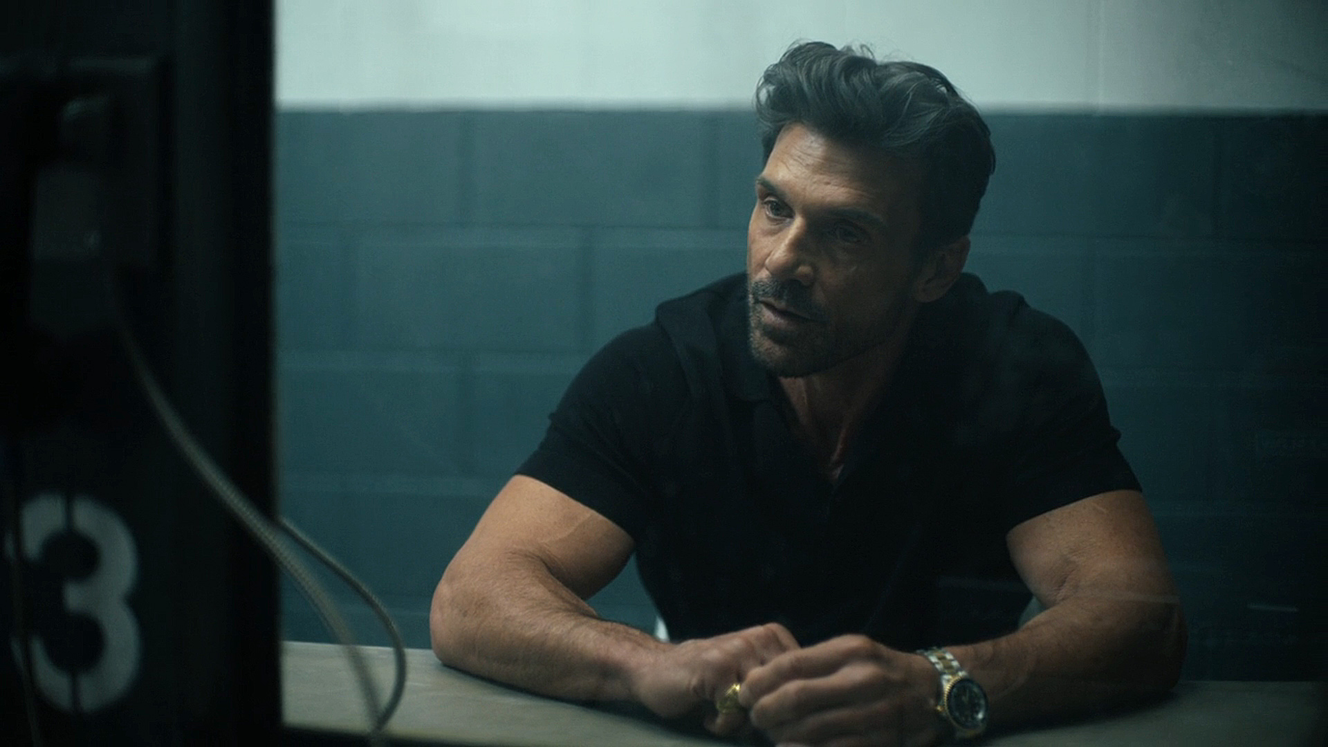 Rick Flag Sr looking a bit stressed in a prison visitation room in Peacemaker season 2 episode 6