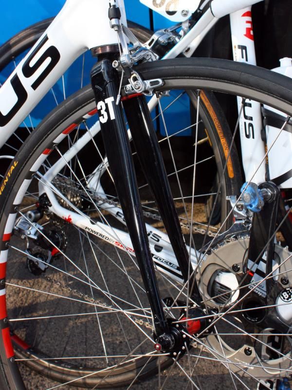 Milram rider Niki Terpstra set off from Compiegne with a lugged steel fork mounted to the front of his Focus Izalco.