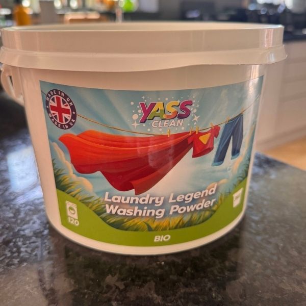 A tub of Yass Clean Laundry Legend Washing Powder pictured in the tester's kitchen.