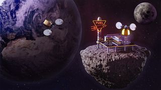 Artist's render of a fueling station in space on an asteroid mini moon in earth's orbit.