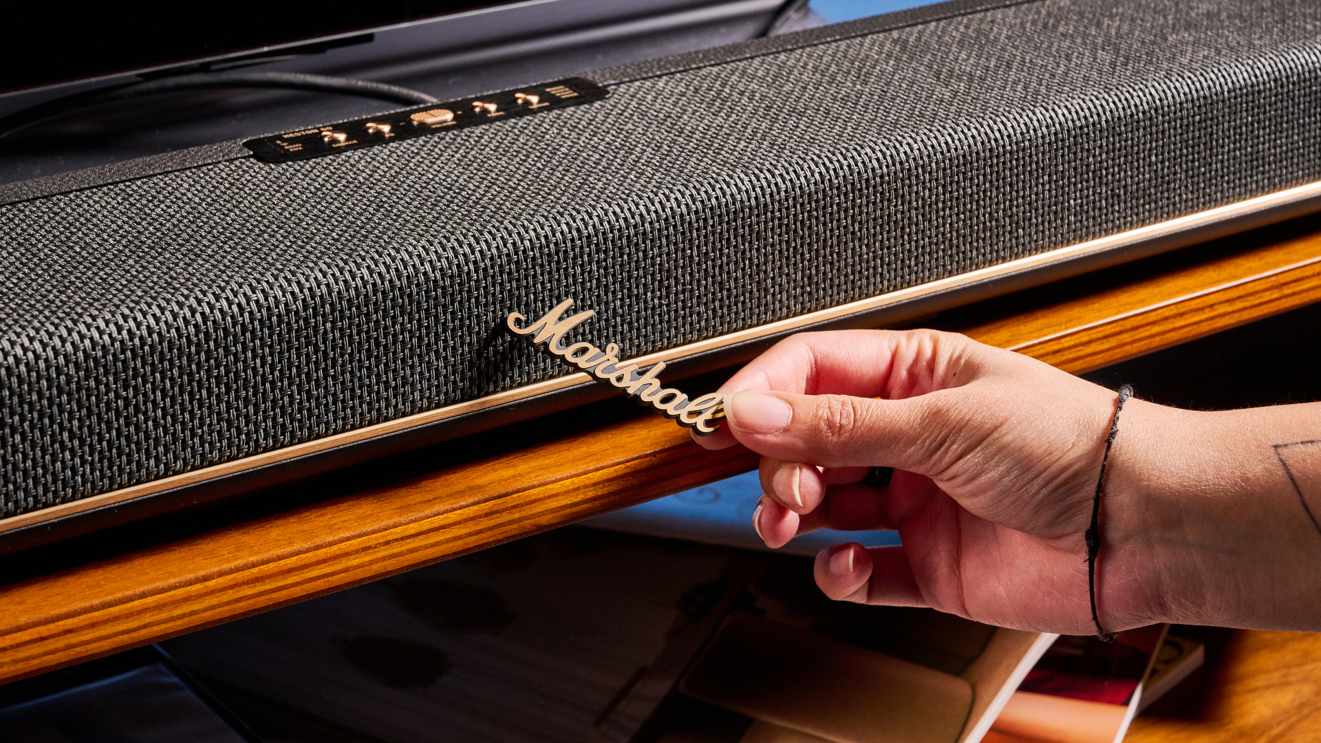 A Marshall Heston 60 compact mid-range soundbar in black