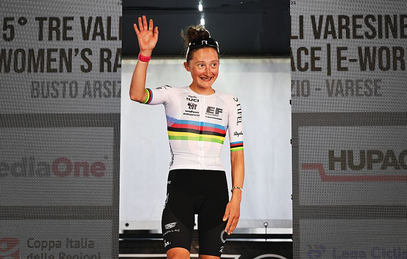 VARESE, ITALY - OCTOBER 07: Magdeleine Vallieres of Canada and Team EF Education-Oatly celebrates at podium as World Champion Jersey during the 5th Tre Valli Varesine Women&#039;s Race 2025 a 137km one day race from Busto Arsizio to Varese on October 07, 2025 in Varese, Italy. (Photo by Dario Belingheri/Getty Images)