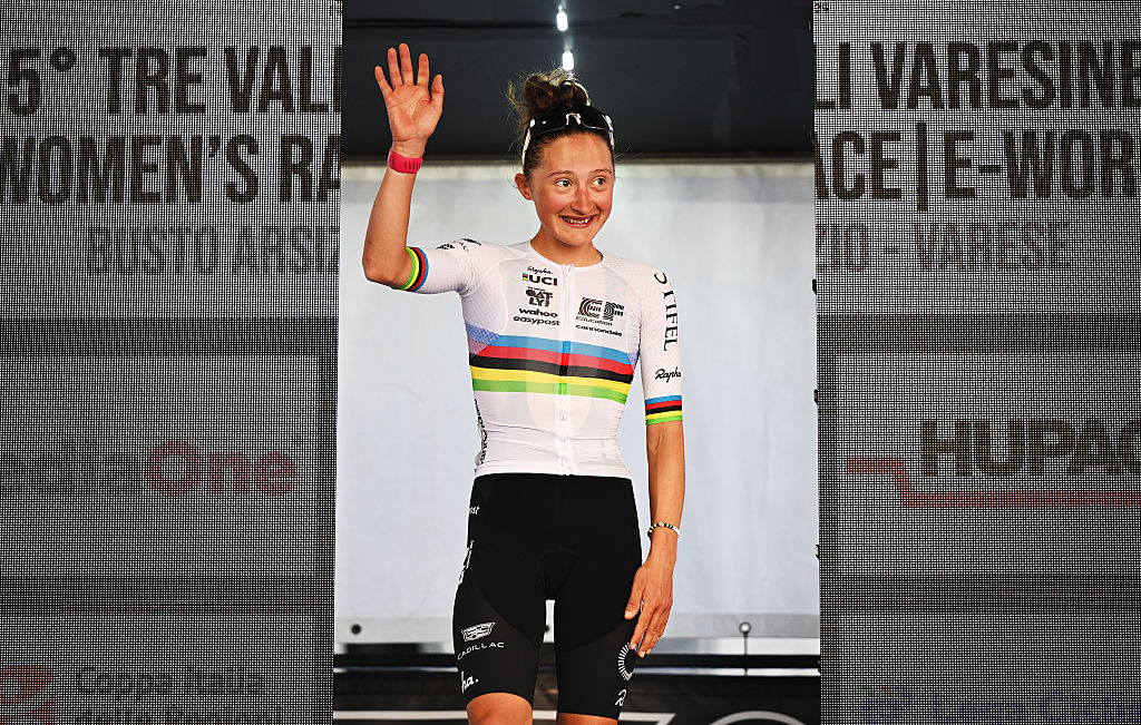 VARESE, ITALY - OCTOBER 07: Magdeleine Vallieres of Canada and Team EF Education-Oatly celebrates at podium as World Champion Jersey during the 5th Tre Valli Varesine Women&#039;s Race 2025 a 137km one day race from Busto Arsizio to Varese on October 07, 2025 in Varese, Italy. (Photo by Dario Belingheri/Getty Images)