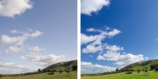 Two images of Westbury White Horse, one without any filter, the other with a polarizer