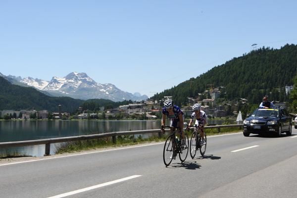 Mara Abbot (United States) leads Emma Pooley (Cervelo Test Team) through St Moritz.