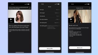 three screenshots from the MyDyson app showing curling tutorials, hair type, and blowout tutortials