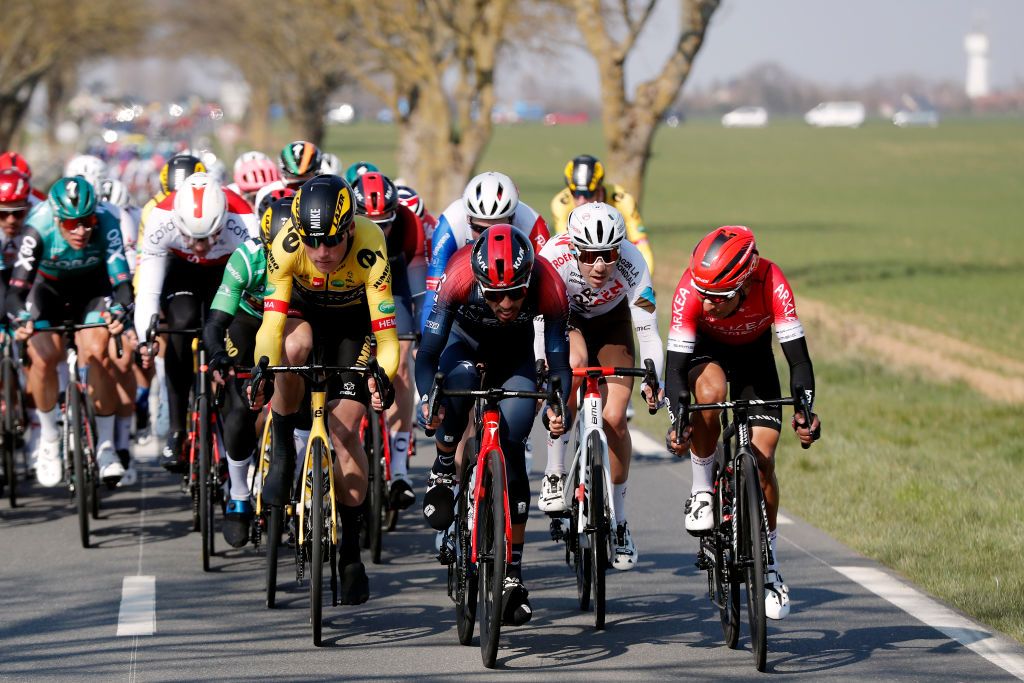ORLEANS FRANCE MARCH 07 LR Mike Teunissen of Netherlands and Team Jumbo Visma Daniel Felipe Martinez Poveda of Colombia and Team INEOS Grenadiers and Clment Champoussin of France and AG2R Citren Team compete during the 80th Paris Nice 2022 Stage 2 a 1592km stage from Auffargis to Orlans ParisNice on March 07 2022 in Orleans France Photo by Bas CzerwinskiGetty Images