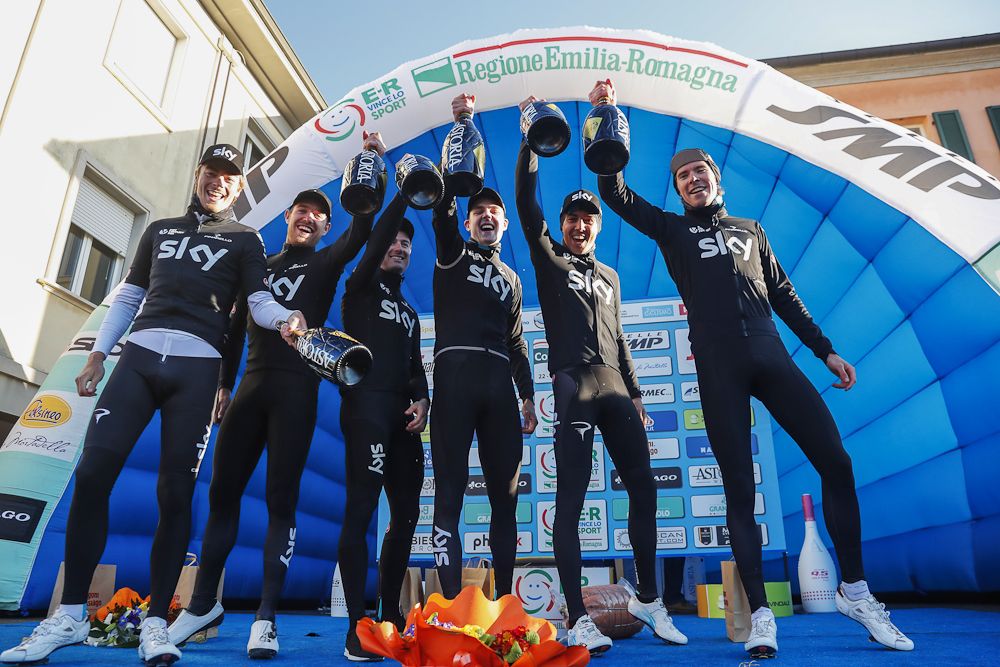 Team Sky celebrate the TTT win at Coppi e Bartali