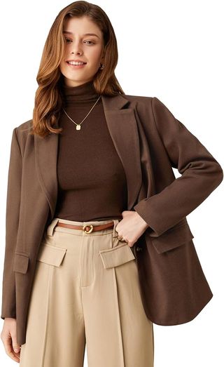 Grace Karin Women Winter Blazer Suit Notch Lapel Smart Jackets With Belt Office Wear Coatigans Brown 2xl