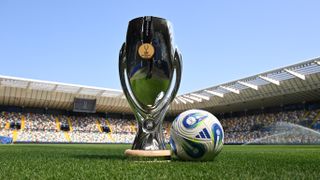 The UEFA Super Cup Trophy, the Winners' Medal and the Adidas Official Match Ball are seen prior to the UEFA Super Cup 2025 match between Paris Saint-Germain and Tottenham Hotspur at Stadio Friuli at Friuli Stadium on August 11, 2025 in Udine, Italy.