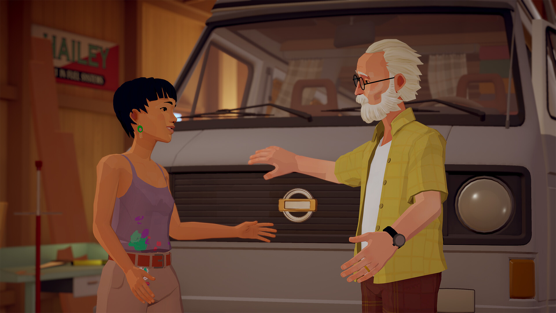 Protagonist Alfred talks to a woman with short hair in front of his camper van in roadtrip narrative adventure, Forever Ago