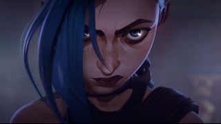 Jinx (voiced by Ella Purnell) looks down the camera in Arcane
